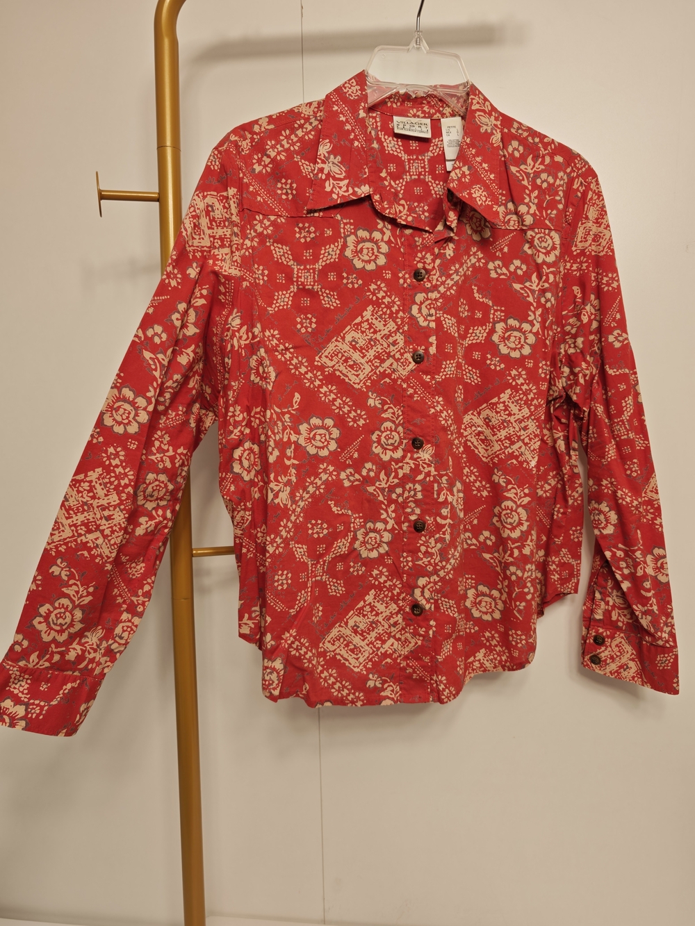 Vintage Western Red & Beige Floral Button-Up Cotton Long Sleeve Top Size LP